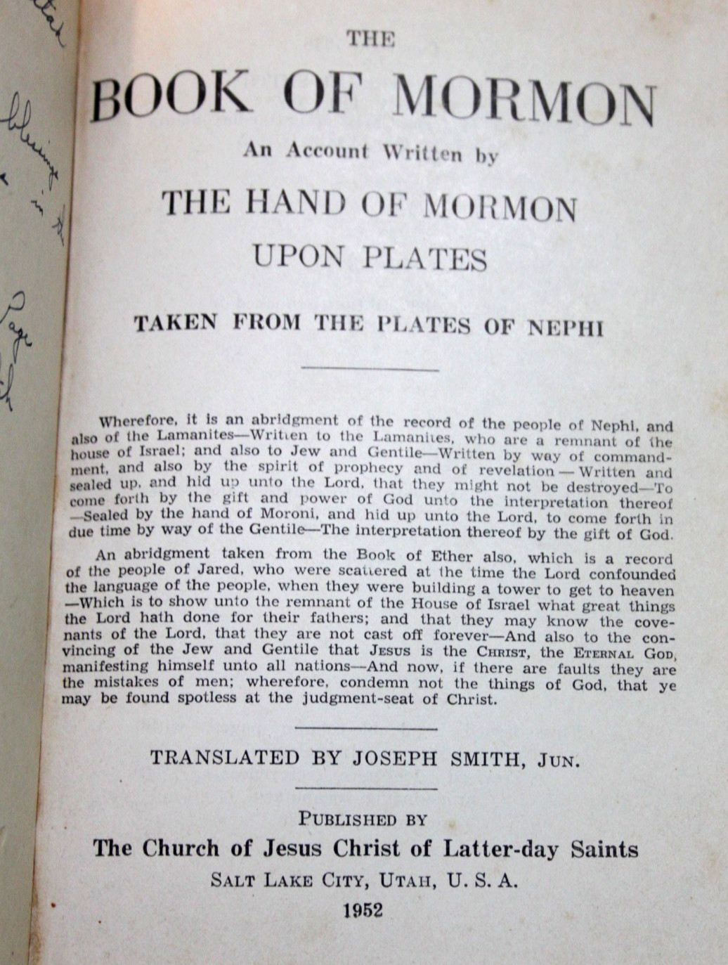 Vintage 1952 Book of Mormon LDS Joseph Smith Salt Lake City Utah PB