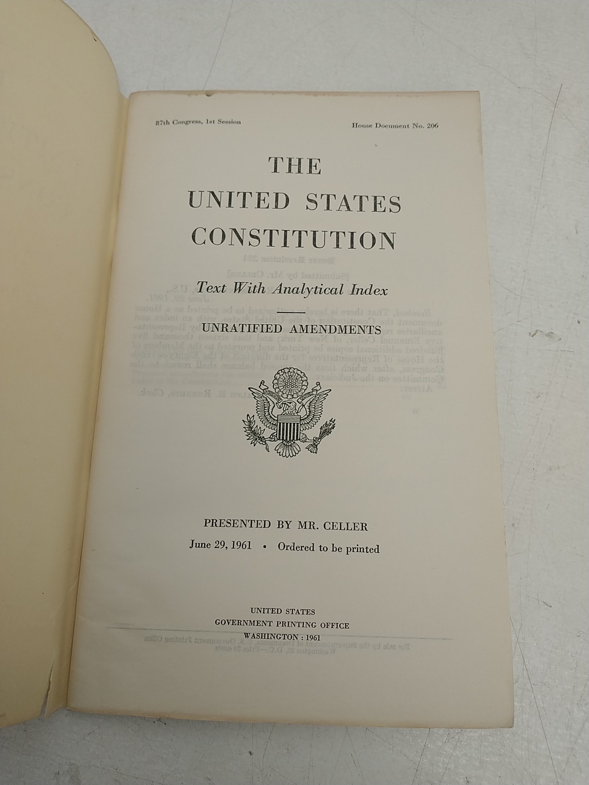 87th Congress House Document #206: The U.S Constitution With Analytical Index