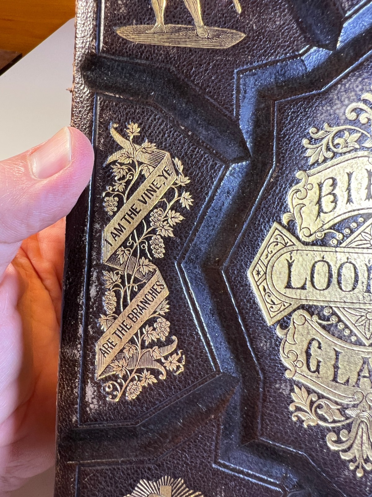 Antique 1874 Bible Looking Glass Illustrated Religious Emblems Leather Gilt AEG