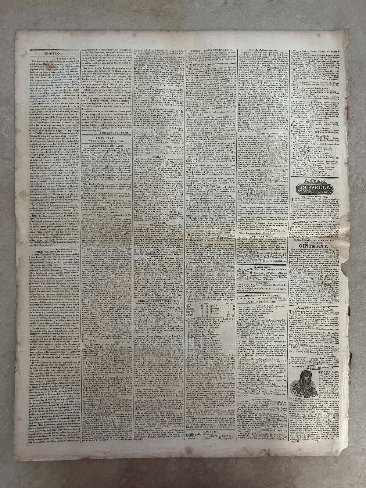Original Antique Boston Commercial Gazette Thursday, June 9th, 1831