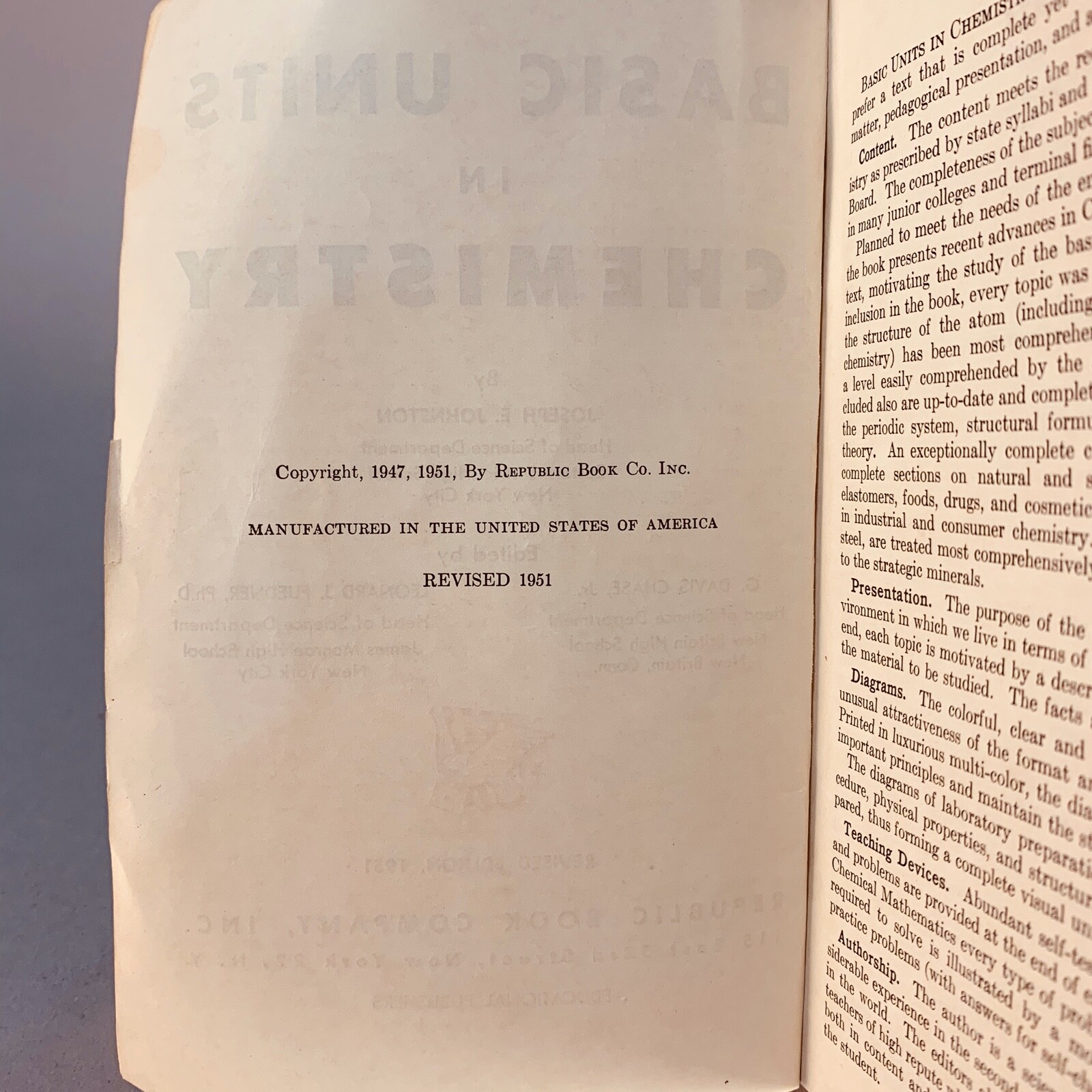 BASIC UNITS IN CHEMISTRY – JOSEPH E. JOHNSTON (1951) PAPERBACK