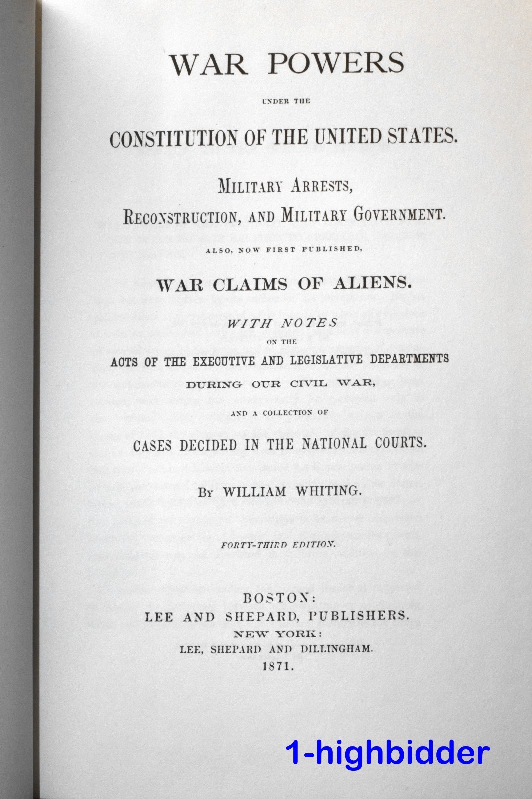 1871 War Powers Under the US Constitution Whiting 1972 HC Reprint Civil War Law