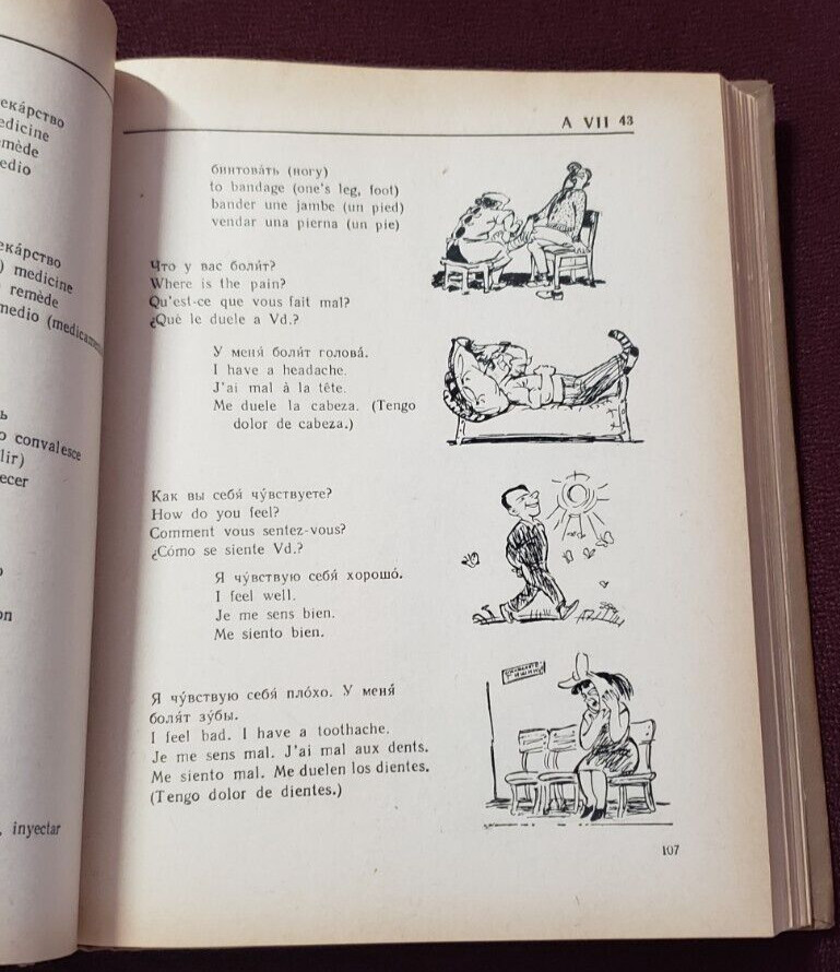 Russian English Spanish Dictionary Illustrated Art 1965 USSR