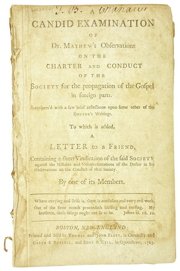 Henry Caner / Candid Examination of Dr Mayhew’s Observations 1st Ed Boston 1763
