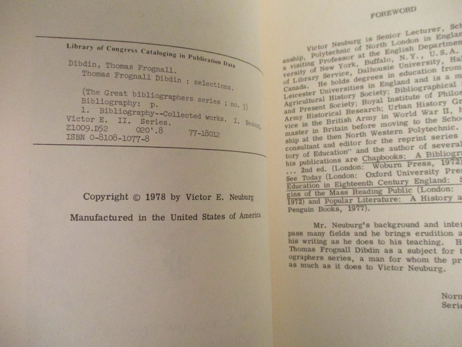 Thomas Frognall Dibdin Selections ~ Victor E. Neuburg (1978) The Scarecrow Press