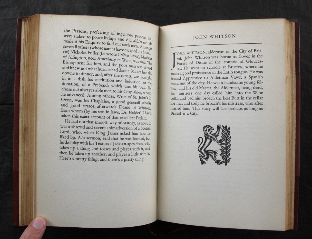 1931 JOHN COLLIER, SCANDAL & CREDULITIES of JOHN AUBREY, GILT MOROCCO BINDING