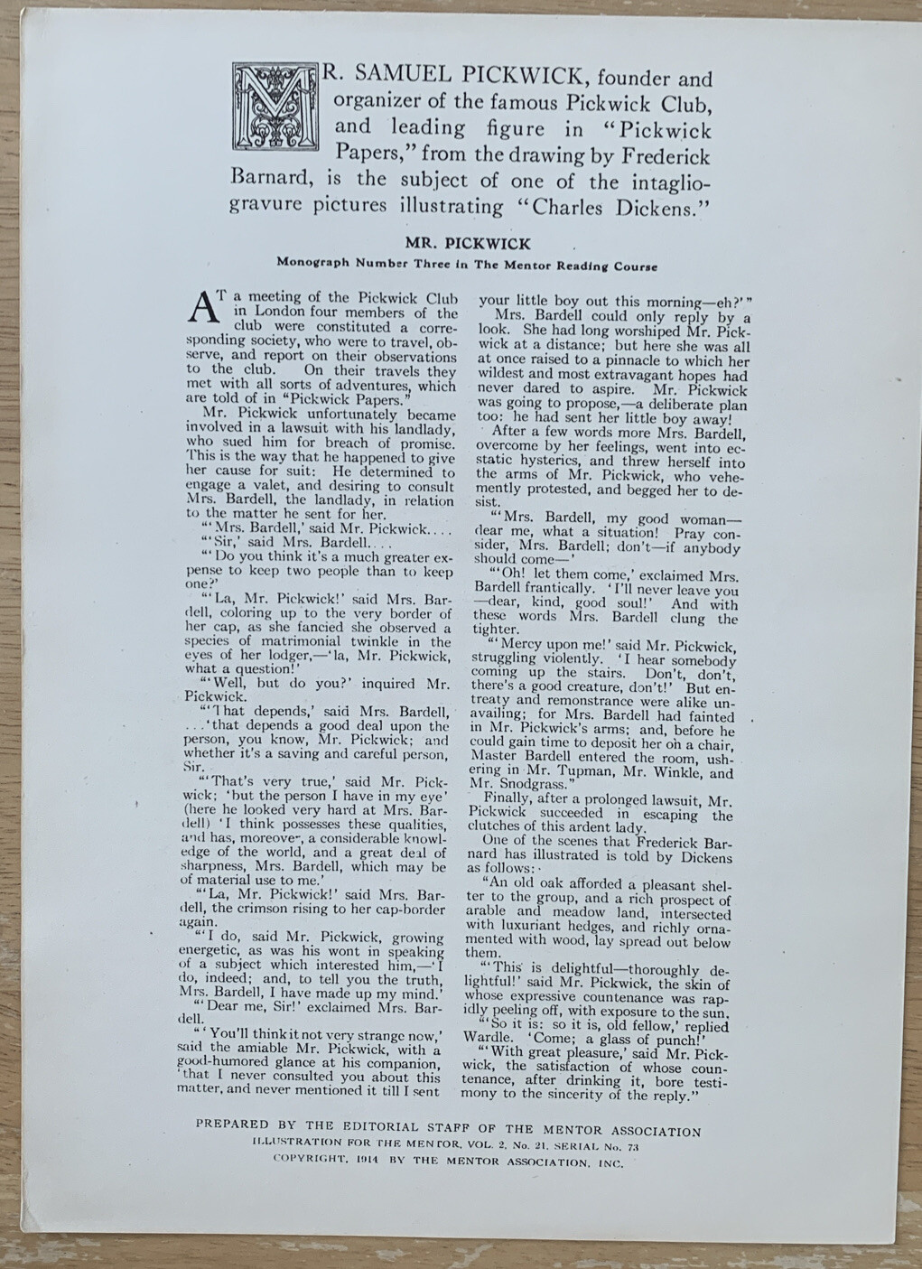 “Mr Pickwick” By Frederick Barnard Mentor Gravures December 1914 Print