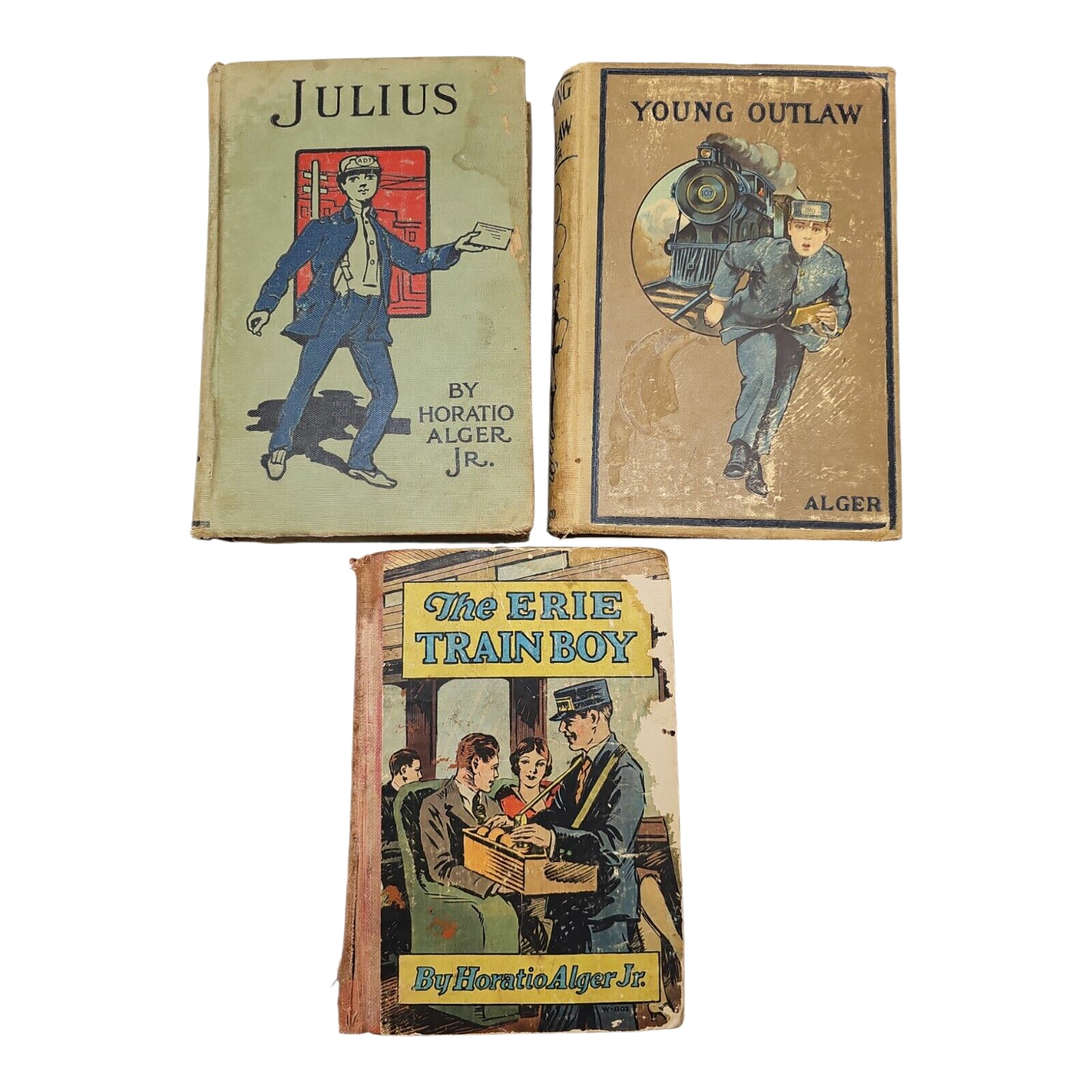 Horatio Alger Jr Lot of 3 Erie Train Boy Julius 1874 Young Outlaw HC Books
