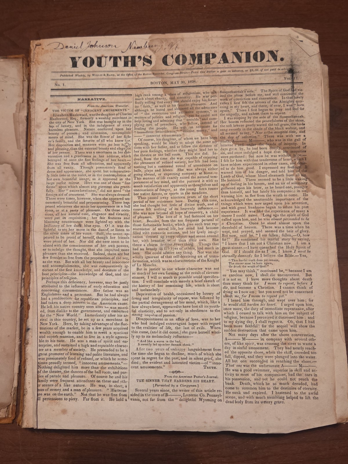 Youth’s Companion 1828-1831 Bound Periodical Boston Willis Rand Book