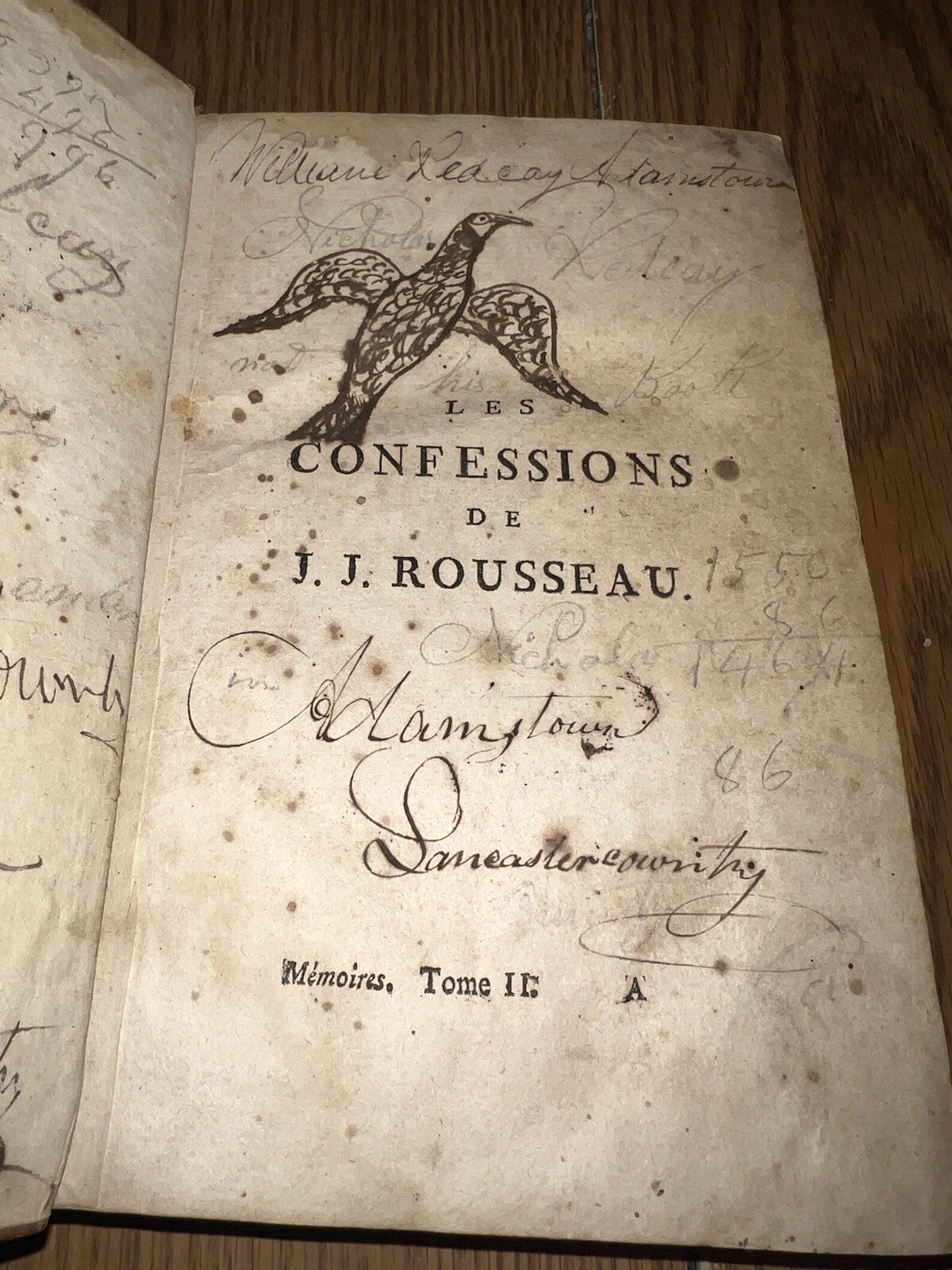 Antique 1700s The Confessions Of J.J. Rousseau Tome 2 Fraktur Art Bird Signed