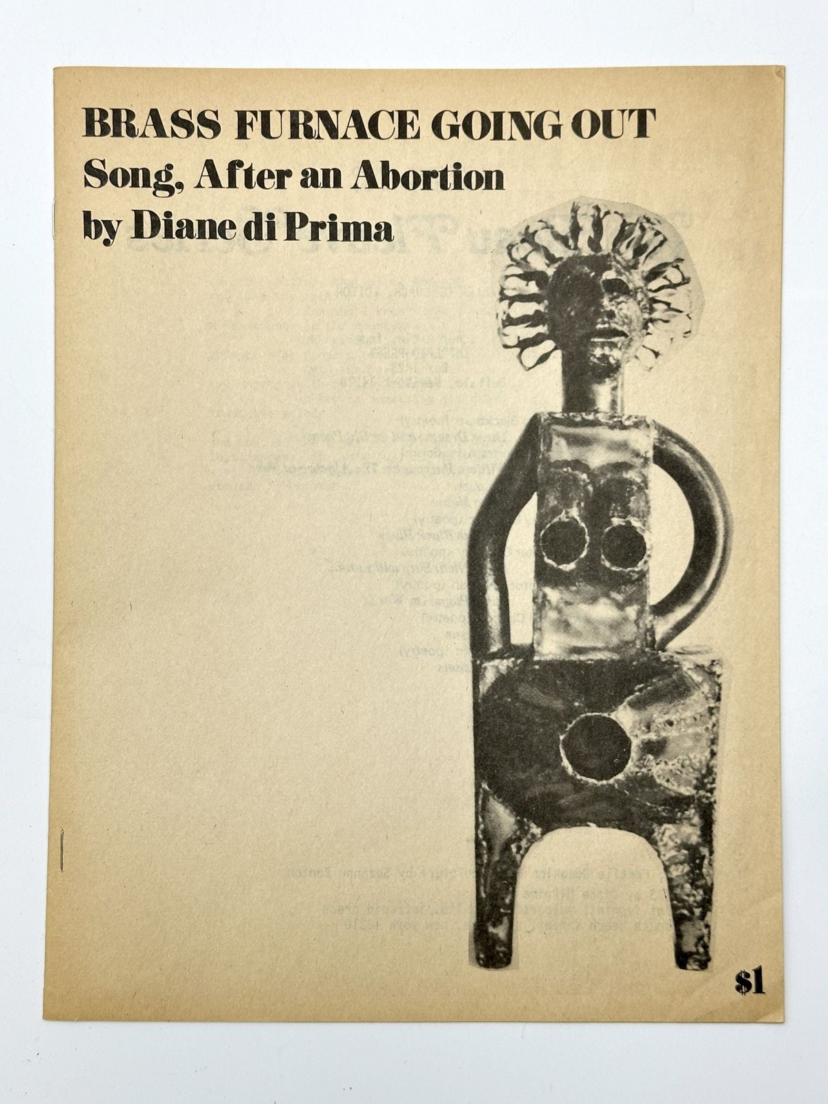 Diane DI PRIMA / Brass Furnace Going Out Song After an Abortion 1st Edition 1975