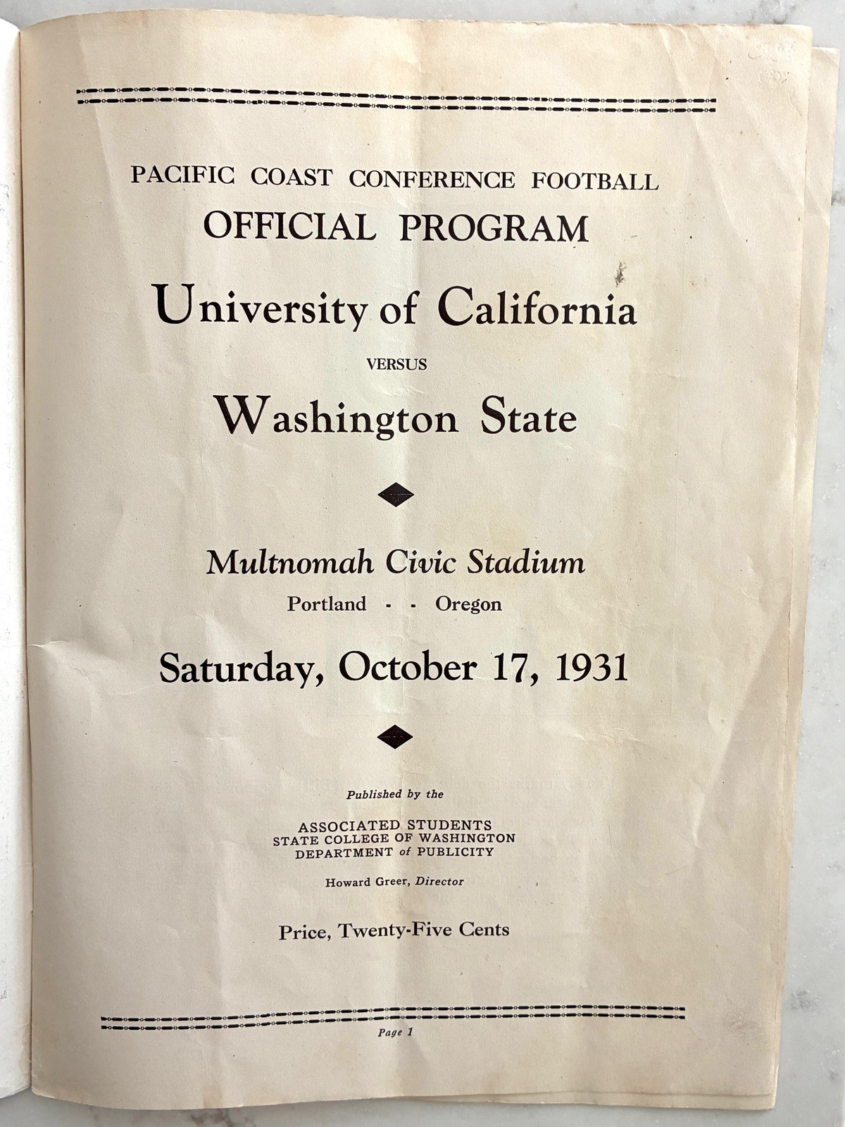VERNON GRANT. 1931. Football Program. Univ of CA Berkeley/Wash State at Oregon