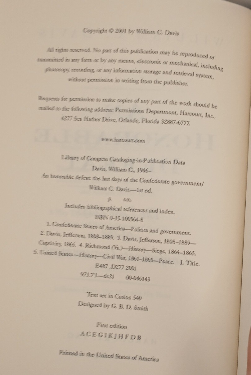 William C. Davis An Honorable Defeat First Edition