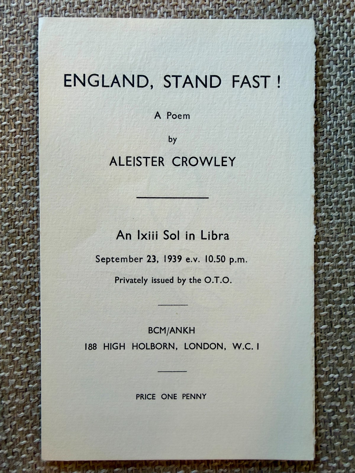 “ENGLAND, STAND FAST!” – A Poem by Aleister Crowley RARE Original 1939 WWII