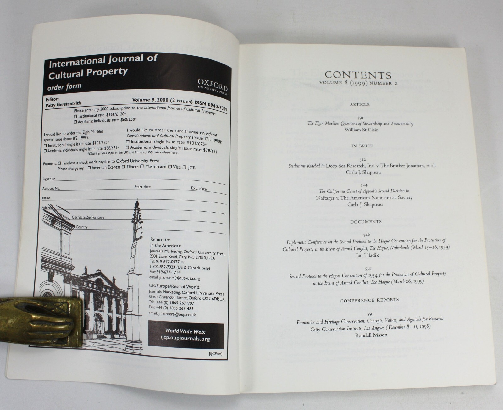 Elgin Marbles Arguments; International Journal of Cultural Property – 4 Issues