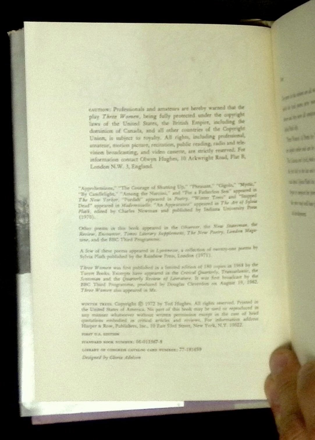 Sylvia Plath / Winter Trees 1st Edition 1972