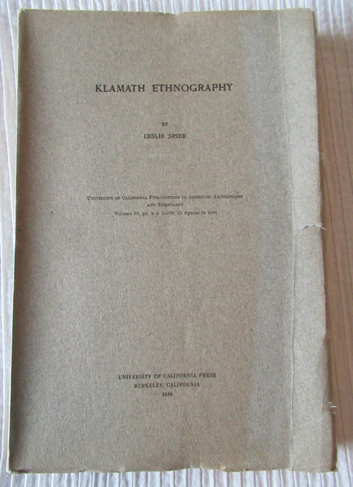 Klamath Ethnography by Leslie Spier (softcover wraps, 1930) Good