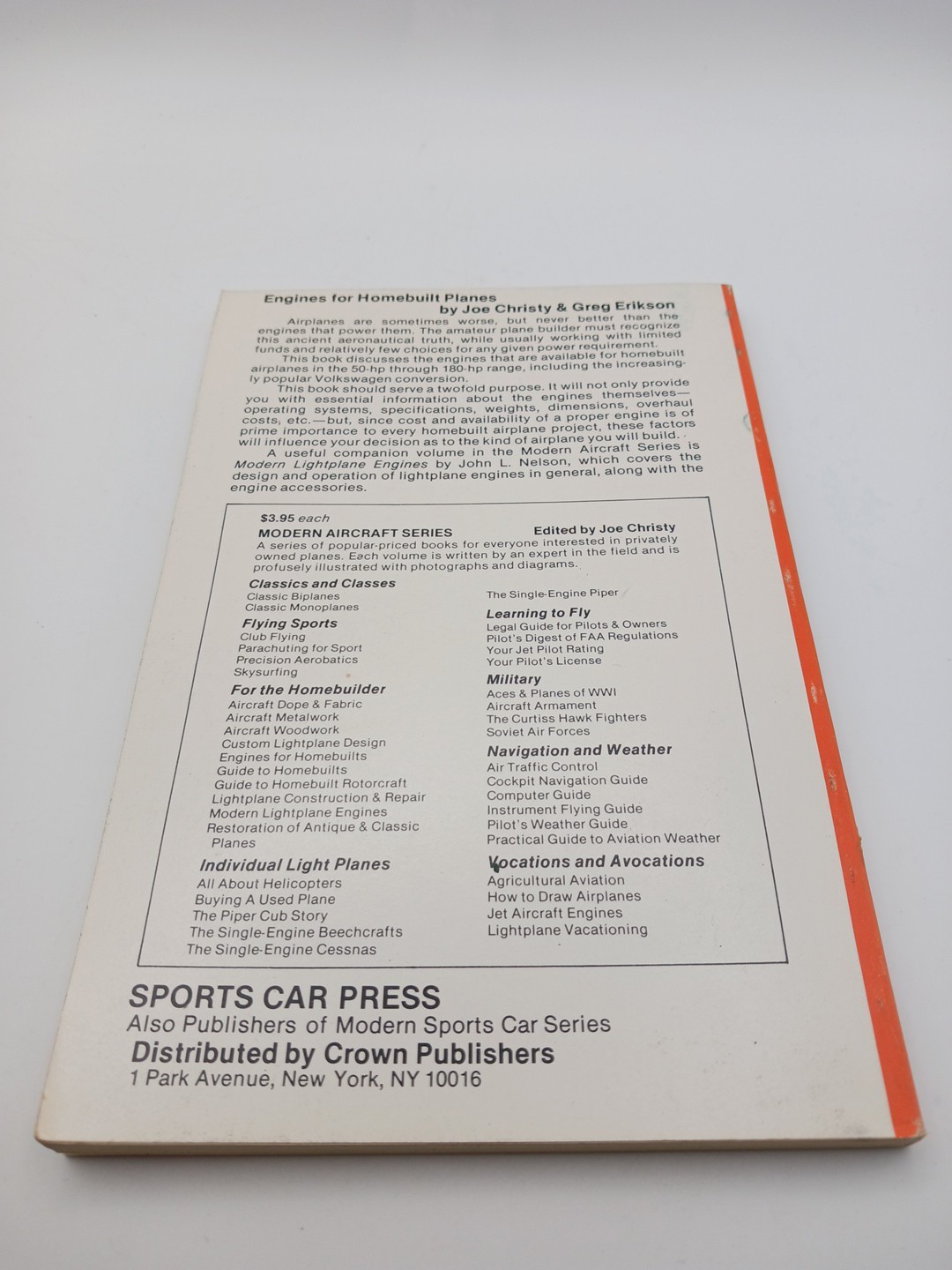 Engines for Homebuilt Planes Guide Book Christy Erikson 1977 Sports Car Press PB