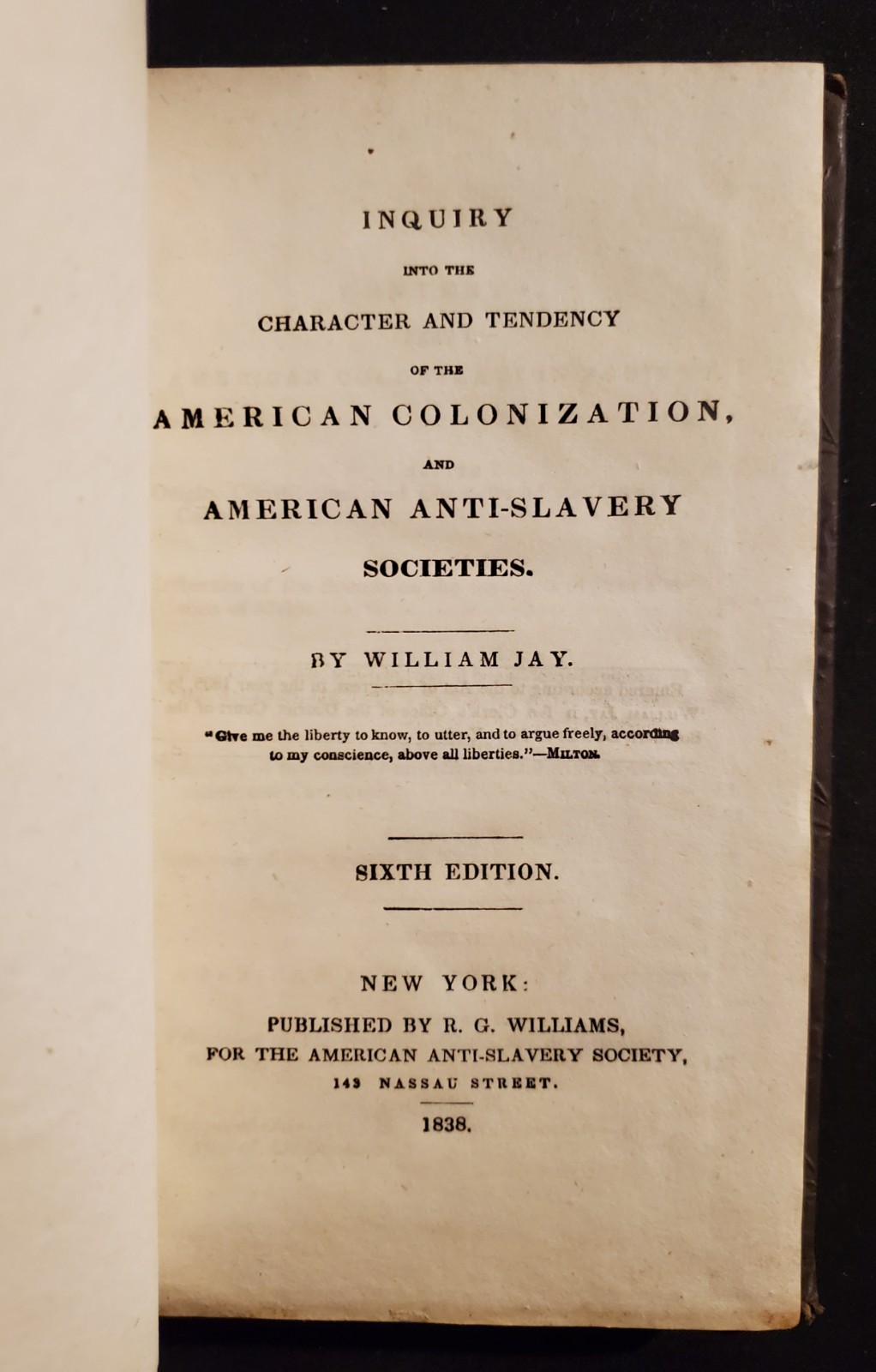 1838 Inquiry Into Character the American Colonization Anti-Slavery William Jay