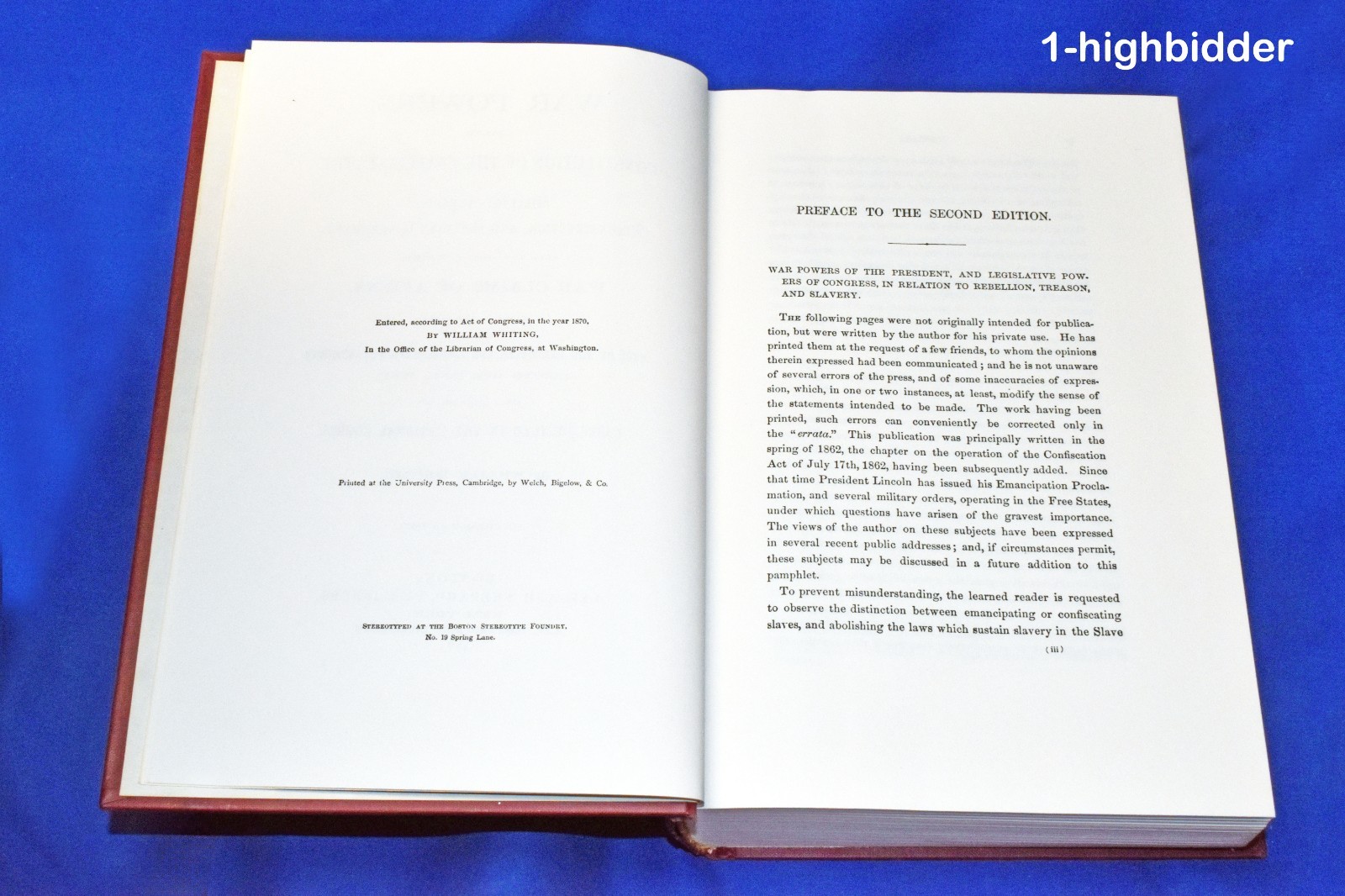 1871 War Powers Under the US Constitution Whiting 1972 HC Reprint Civil War Law