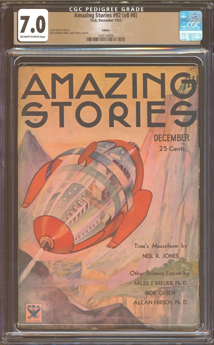 Amazing Stories 1933 December, #92. Leo Morey cover art. CGC Yakima Pedigree