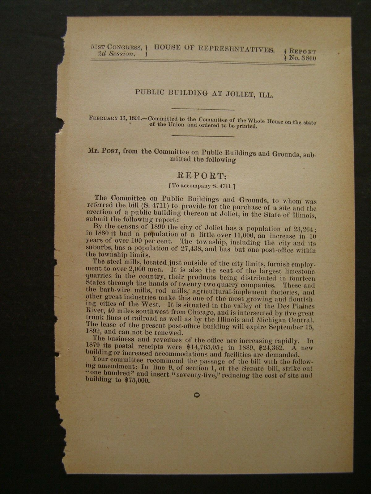 Government Report 1891 Public Building @ Joliet ILL Post Office Within Twp Limit