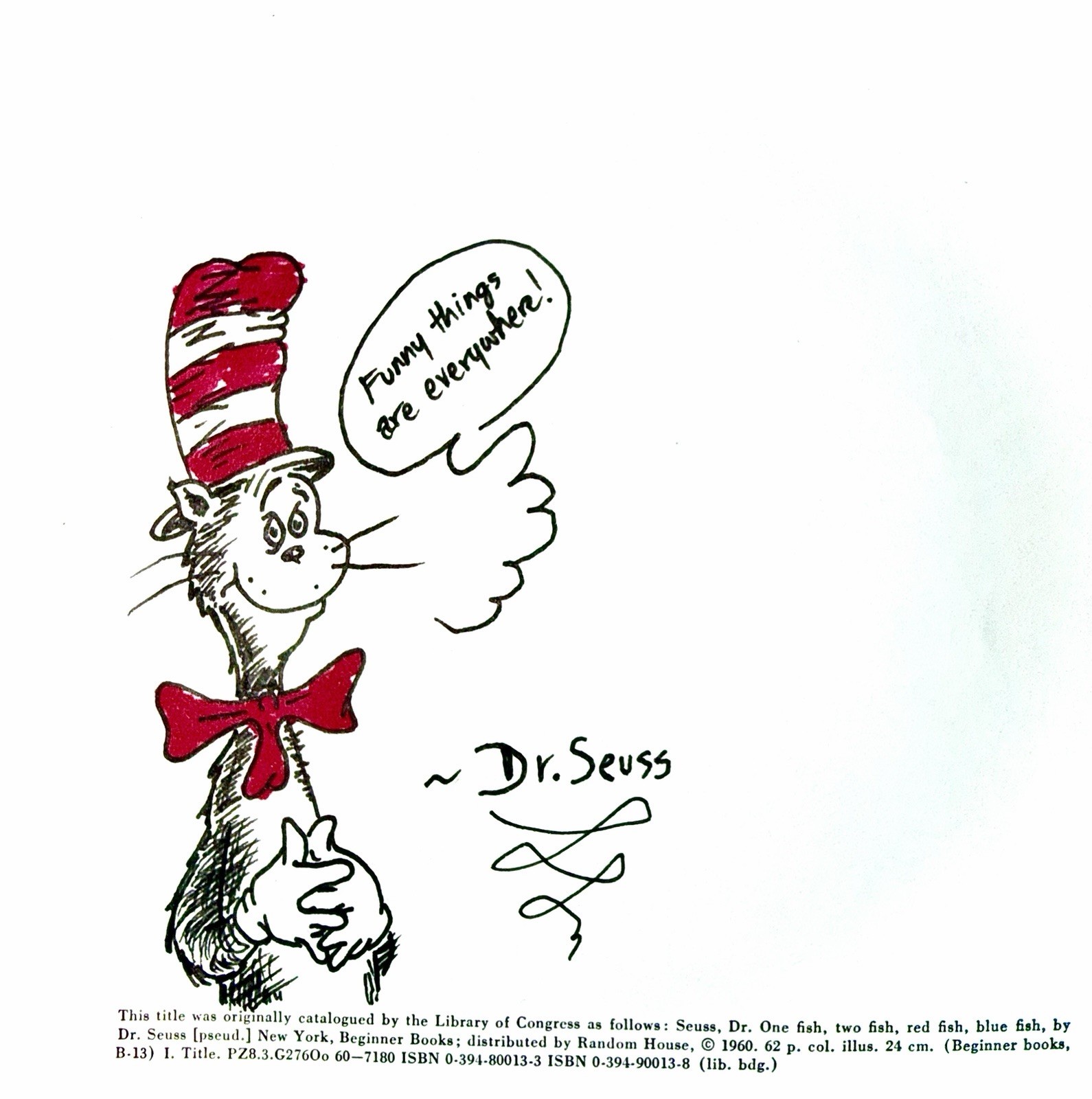 Vintage 1960 One Fish, Two Fish, Red Fish, Blue Fish Dr. Seuss Signed Sketch HC