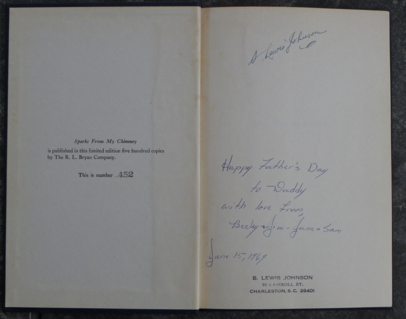 „Sparks from My Chimney“-Samuel Lewis Johnson-1963-Author Signed Lim Ed #452/500