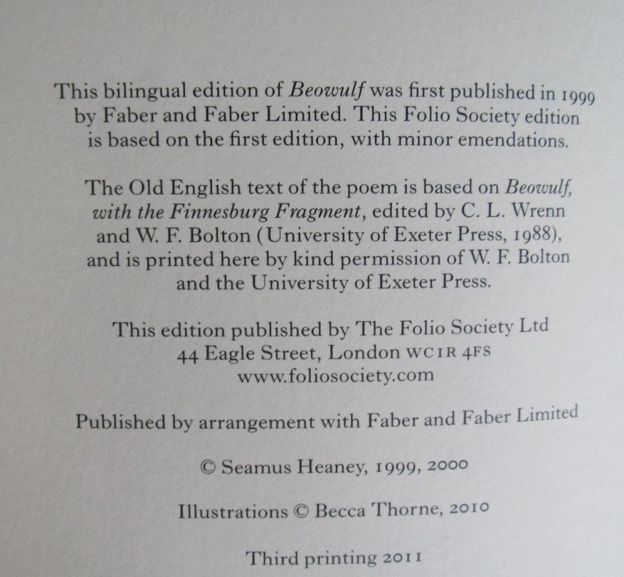 Beowulf – Verse Translation: Seamus Heaney: Folio Society: 2011 3rd Printing