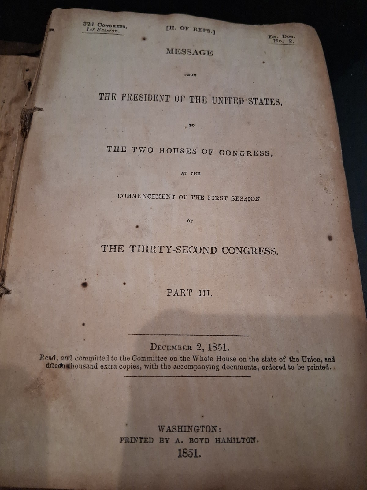 1851 Message from the US President 32nd Congress Senate Part 3