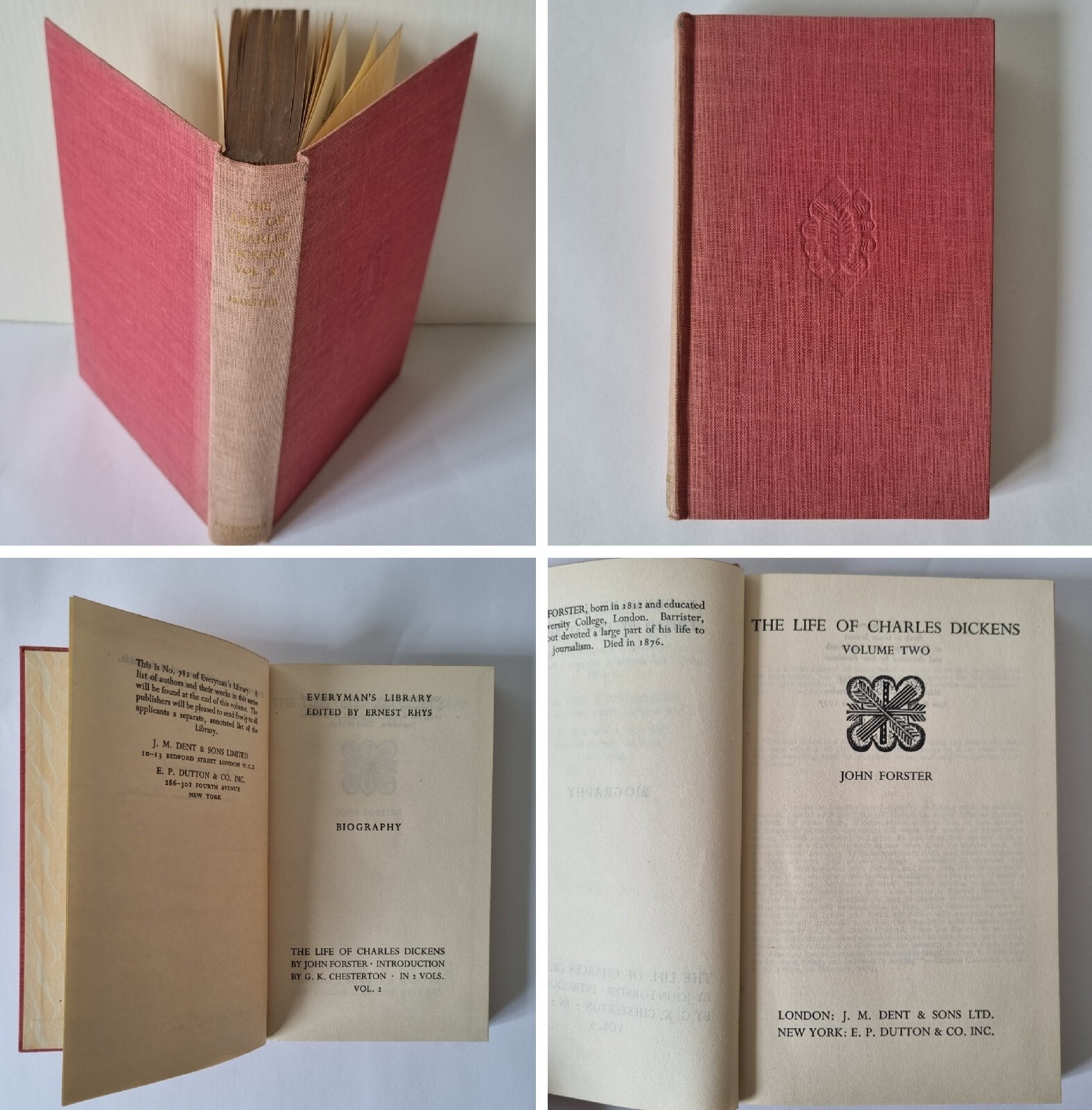 The Life of Charles Dickens Everyman’s Library Vol 2 John Forster 1927 Hardback