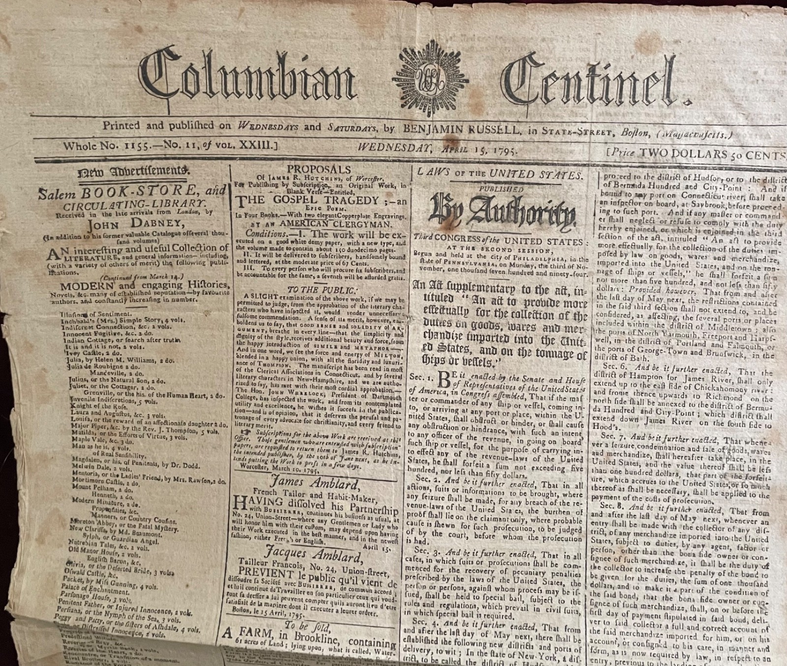 1795 COLUMBIAN CENTINEL ~ SLAVE TRADE REMAKING BOSTON JAY TREATY INDIAN TRIBES