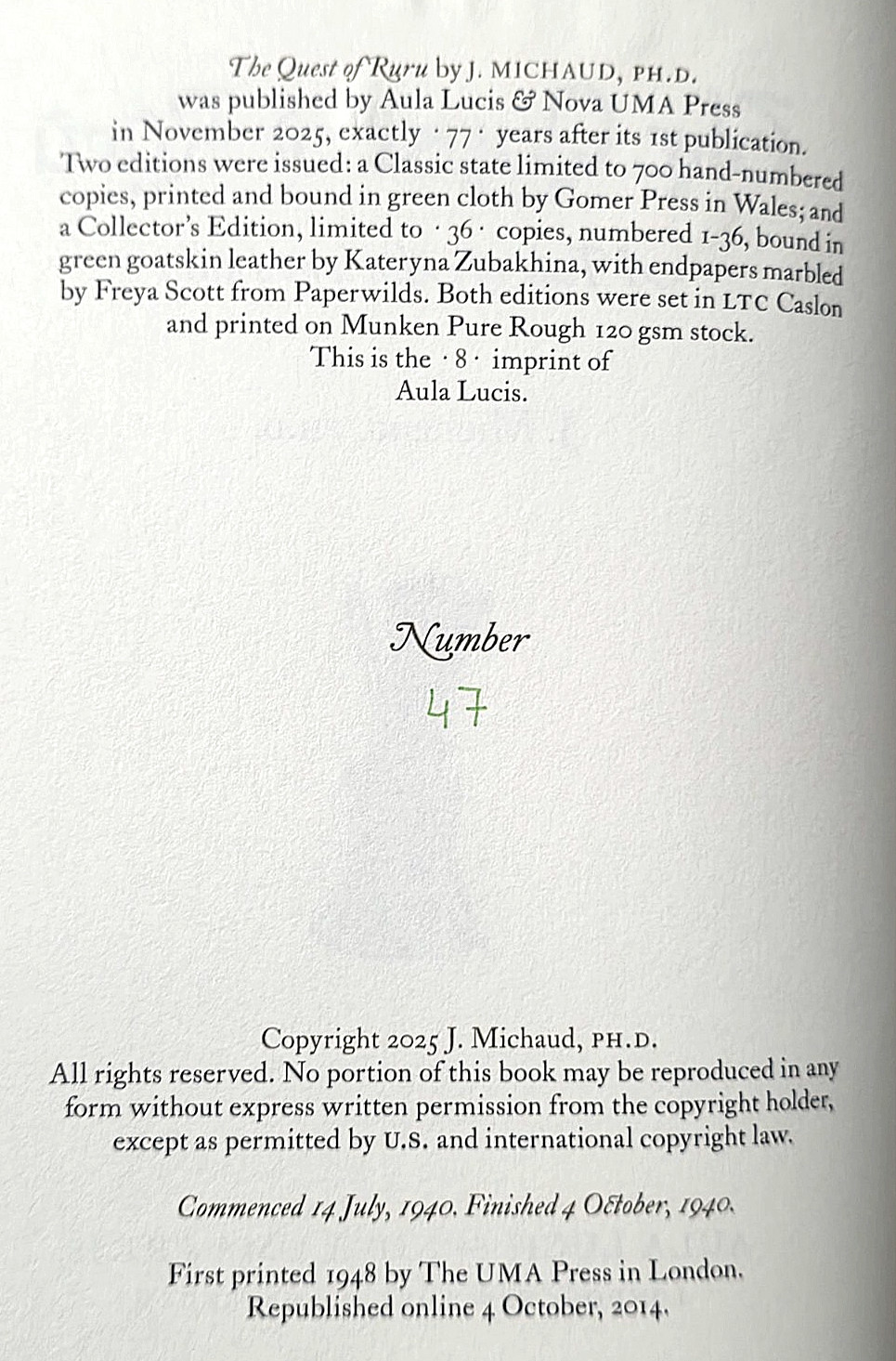 The Quest of Ruru~ J. Michaud PH.D.~ Aula Lucis & Nova Uma Press- 2025