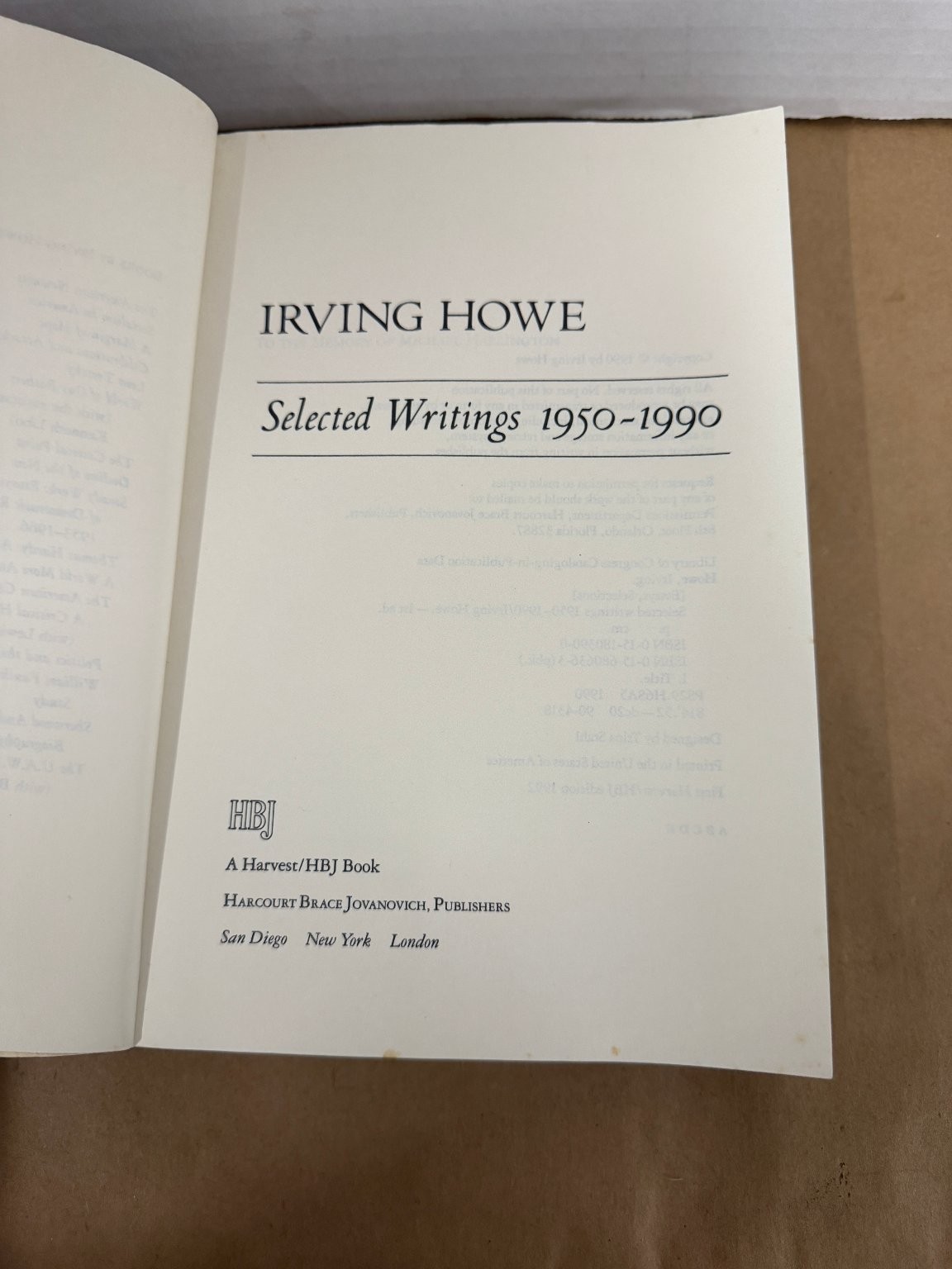 Irving Howe Selected Writings 1950-1990 Harvest HBJ 1992 Paperback Essays