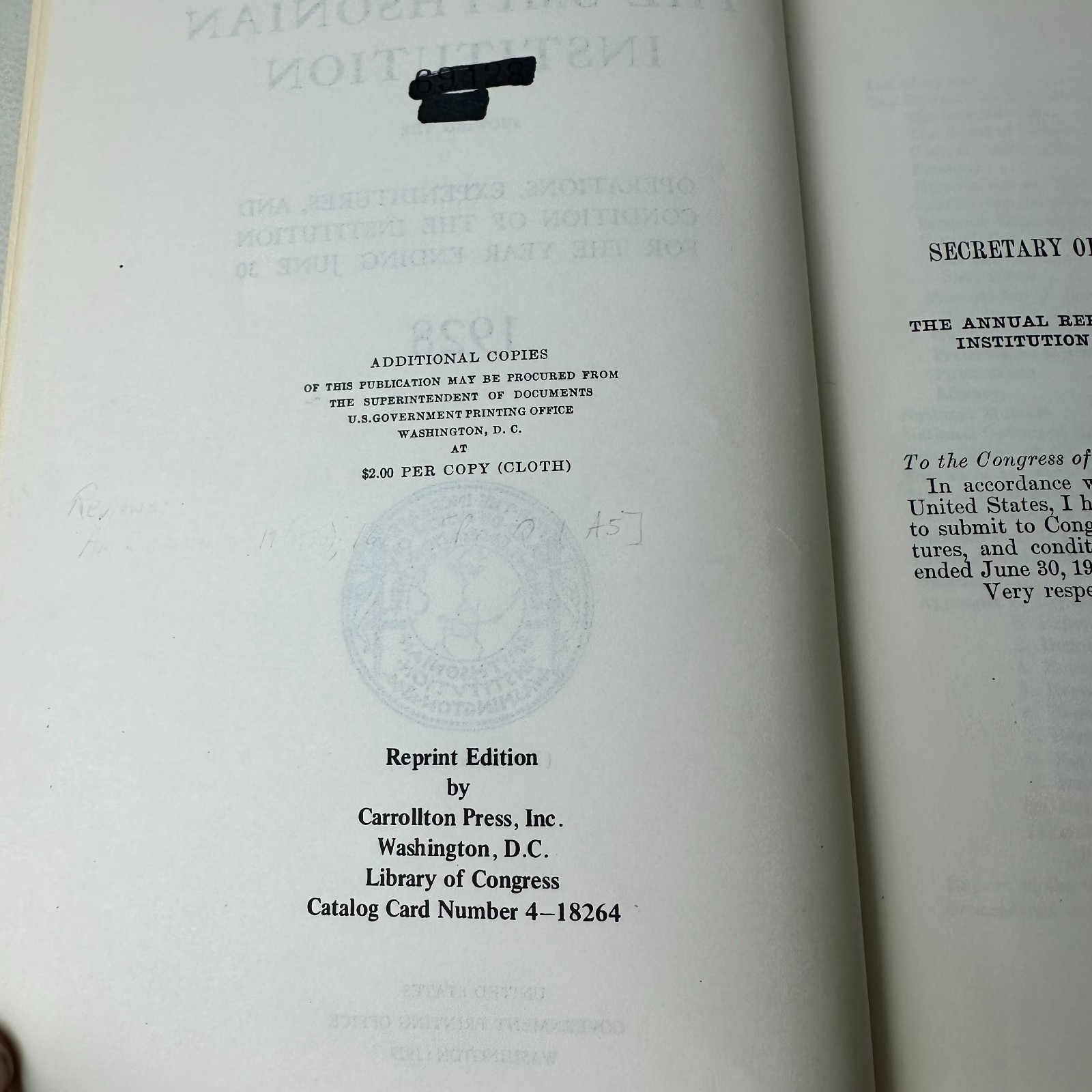 The Smithsonian Institution X Library Reprint Edition 1929 Hardcover Book VTG