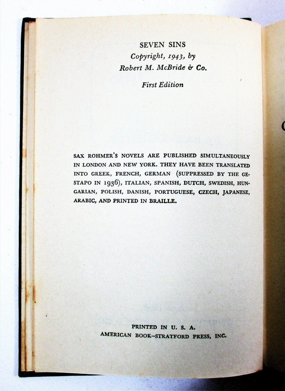 1st EDITION „Seven Sins“ Sax Rohmer 1943 HC w/ Original DJ Robert M McBride & Co