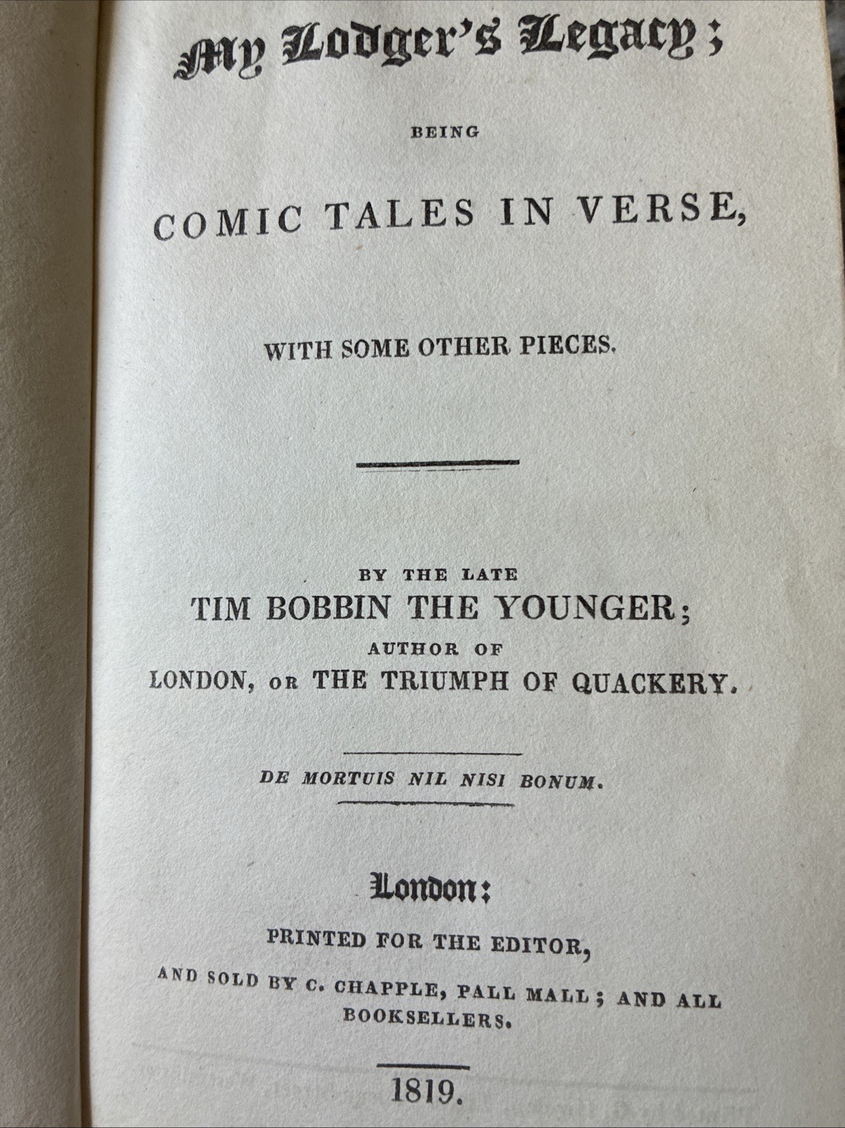 My Lodger’s Legacy 1819 John Collier Comic Tales in Verse, Rare 1st Edition UK