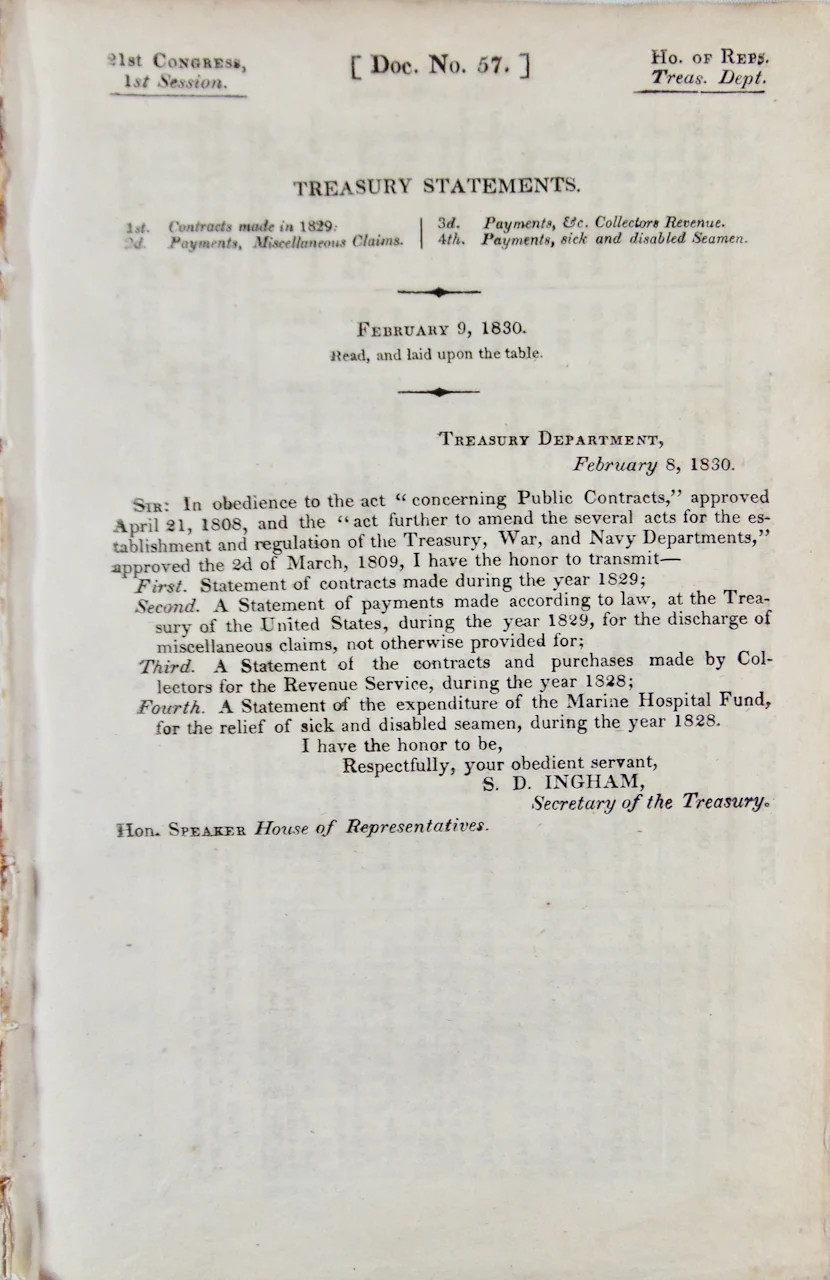 Treasury Statements. 1830 United States Government Expenses