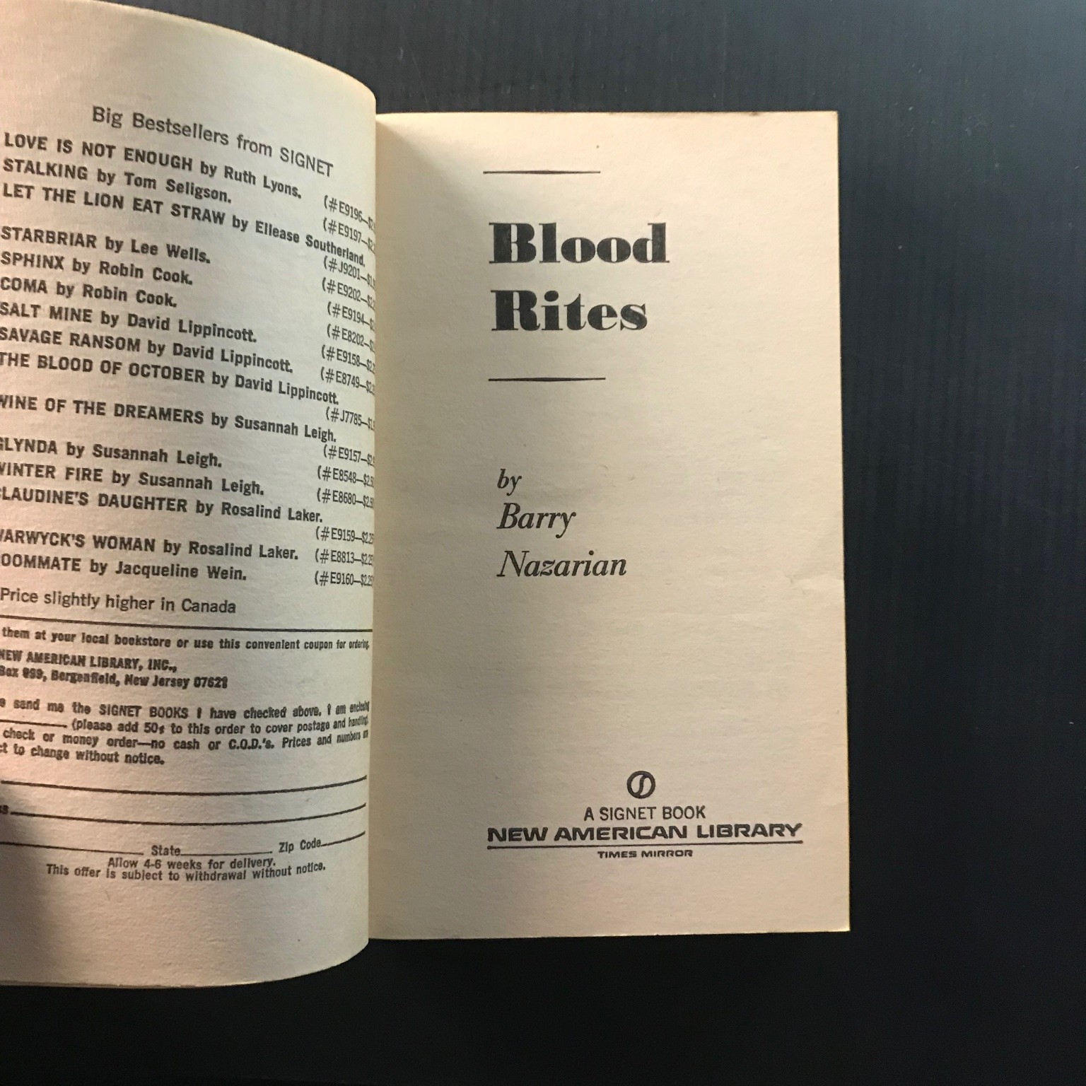 Blood Rites Barry Nazarian 1980 First Printing Horror Suspense Thriller