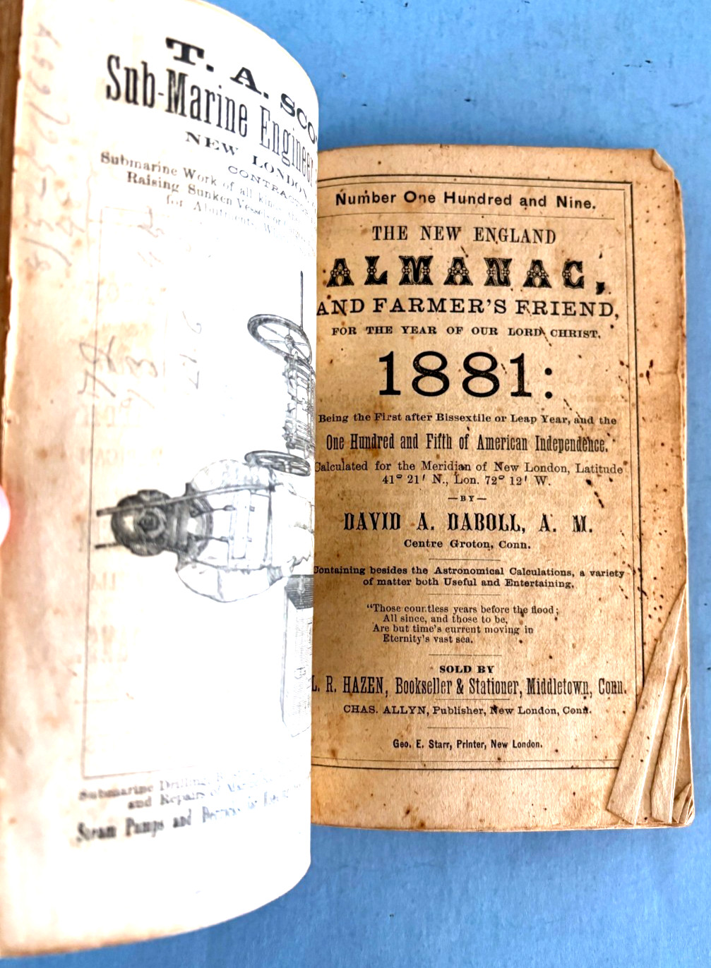 1881-84 New England Almanac by David Daboll, Publ by Chas. Allyn, New London, CT