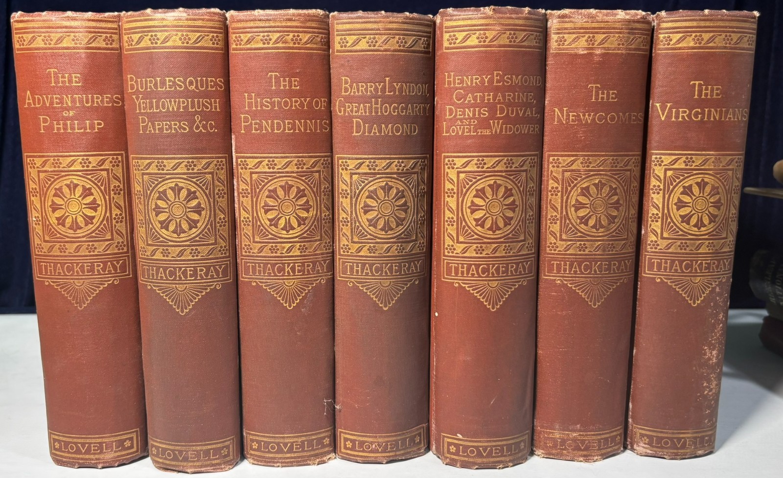 William M. Thackeray 7 Vol Lot c1883 John W. Lovell Decorative Cloth + Bookmarks