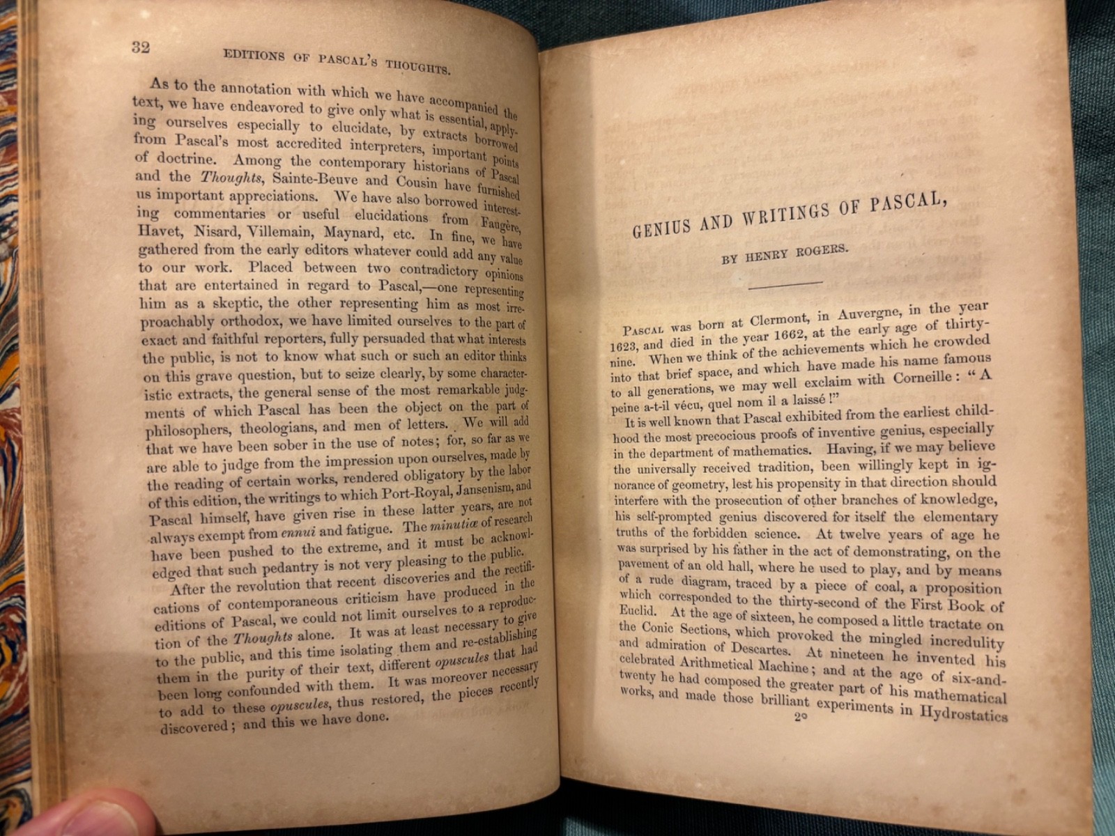 Pascal’s Works. Thoughts, Letters, & Opuscules. 1859. Fine binding. Beautiful!