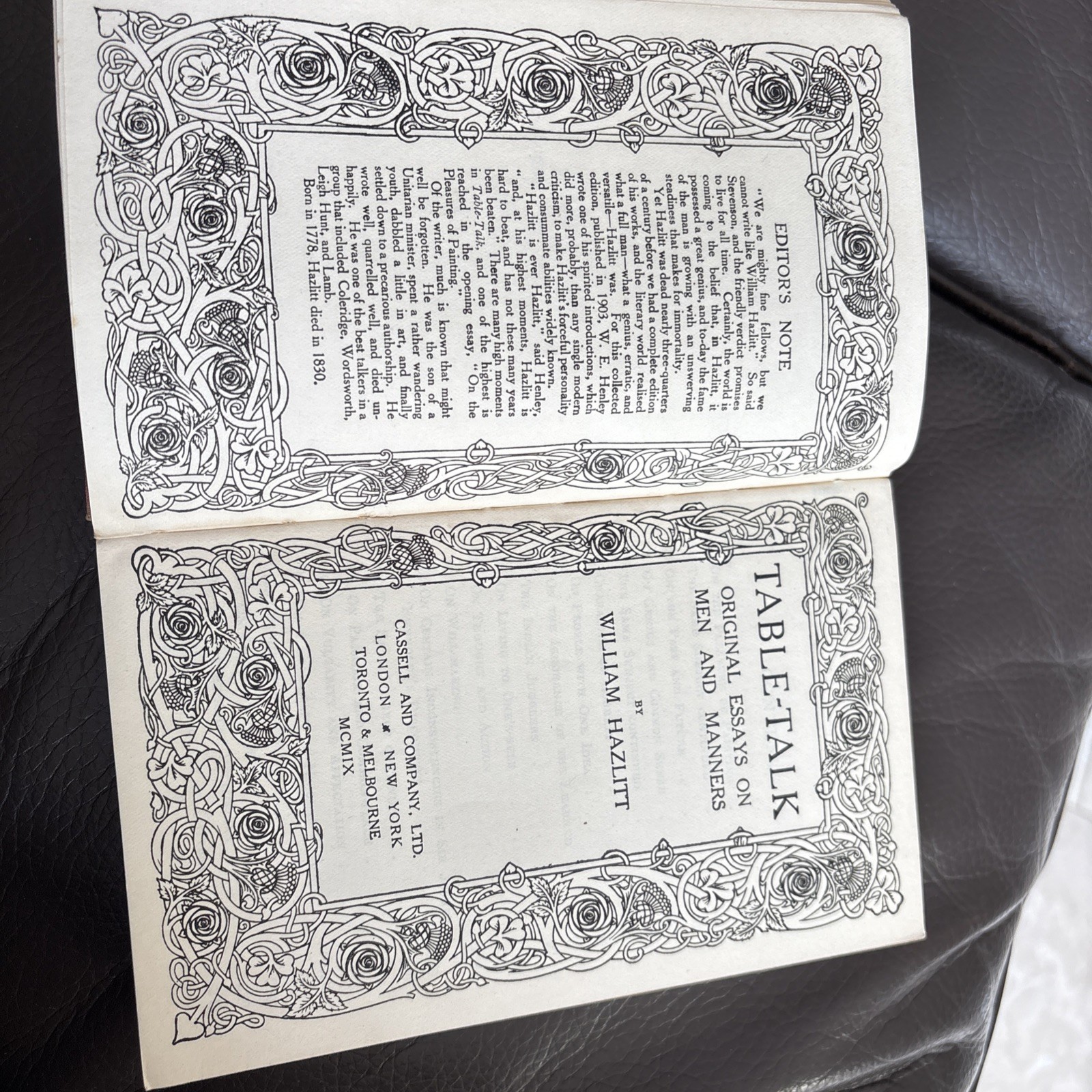Table Talk Essays on Men and Manners : William Hazlitt, Cassell HB