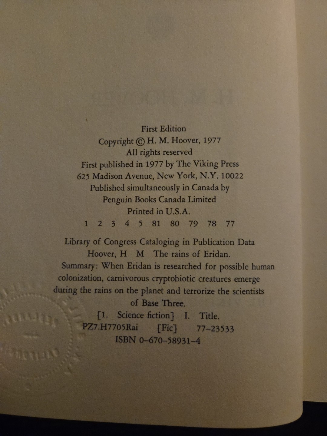 The Rains of Eridan 1st Edition/Print 1977 HCDJ Ex Library