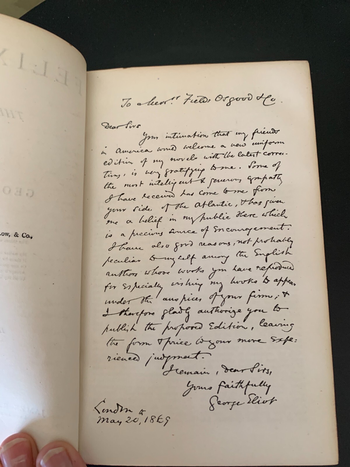 1874 American Edition w/ Ltr from Author George Eliot FELIX HOLT, THE RADICAL