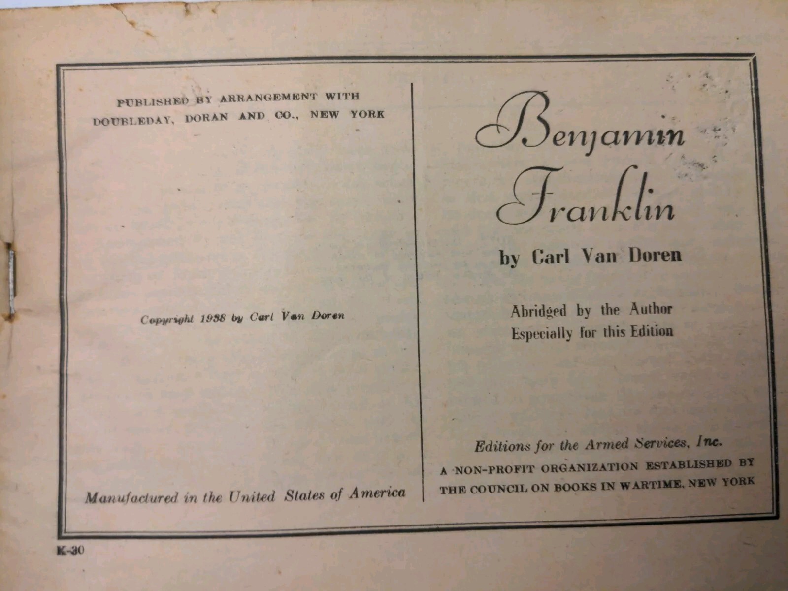 1958 Armed Services Edition In Benjamin Franklin K-30