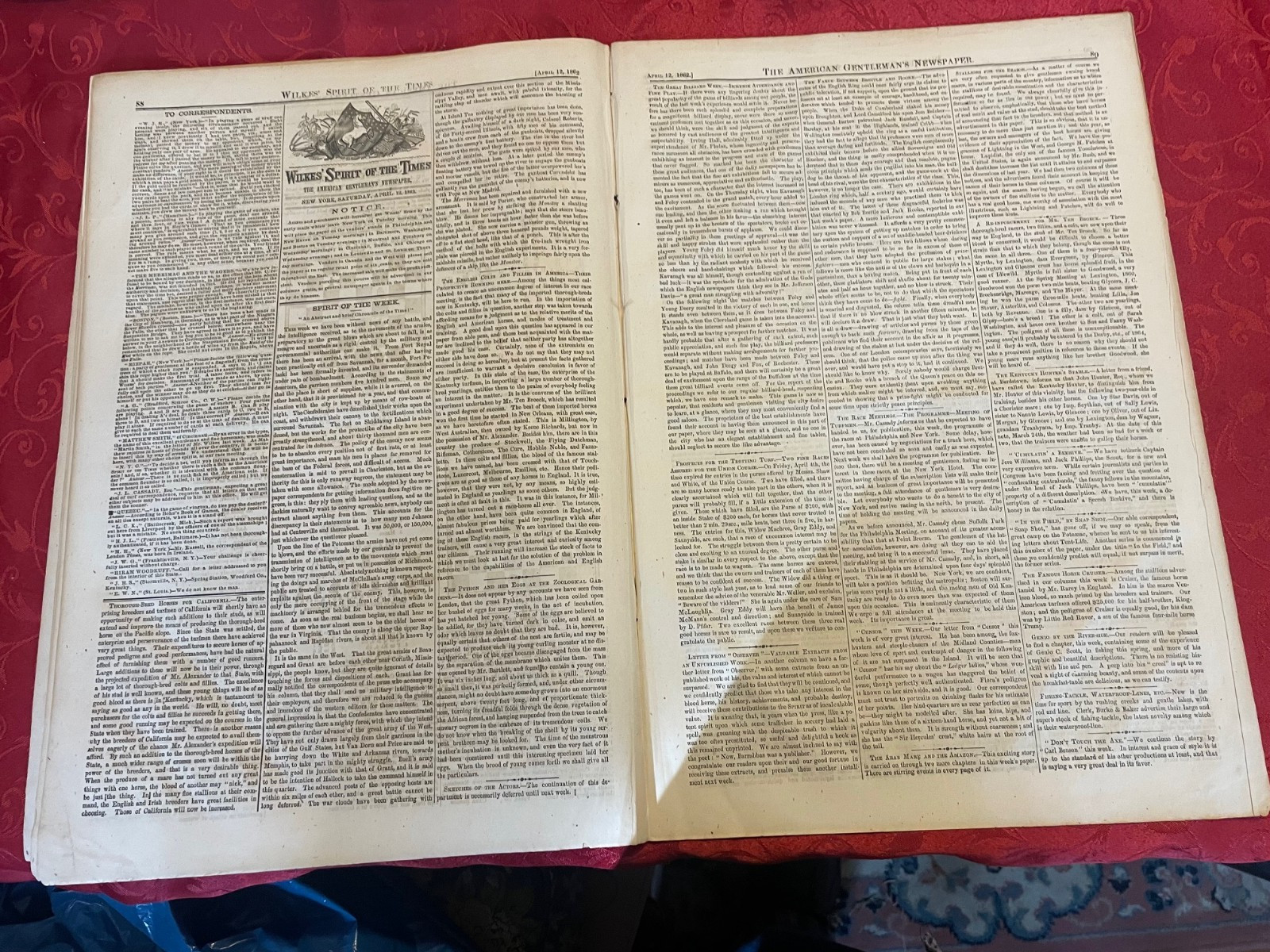 Wilkes’ Spirit Of The Times – Sports/Literature/Stage Newspaper April 12, 1862