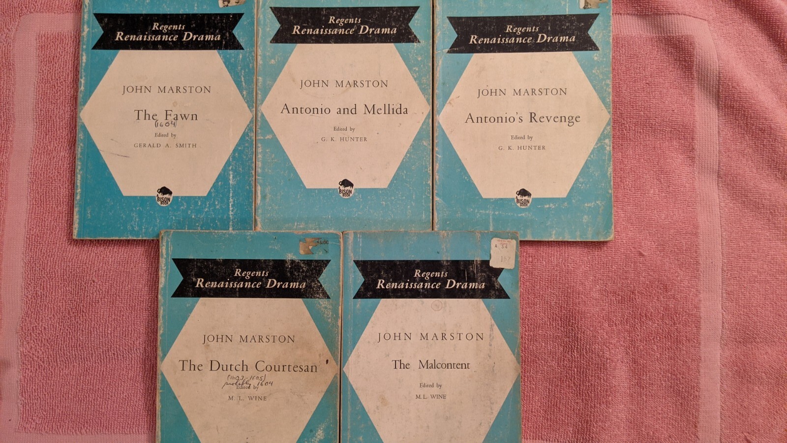 LOT OF 5 REGENTS RENAISSANCE DRAMA BOOKS BY JOHN MARSTON, 1965, PB, Acceptable