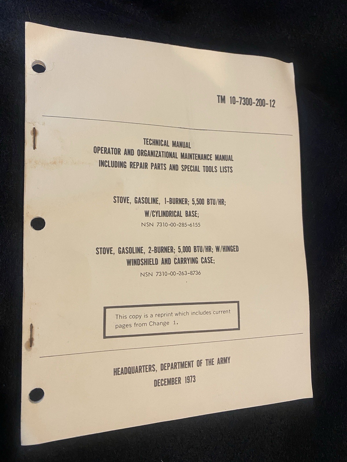 Reprint Technical Manual for USGI M1950 Gas Stove, 1973