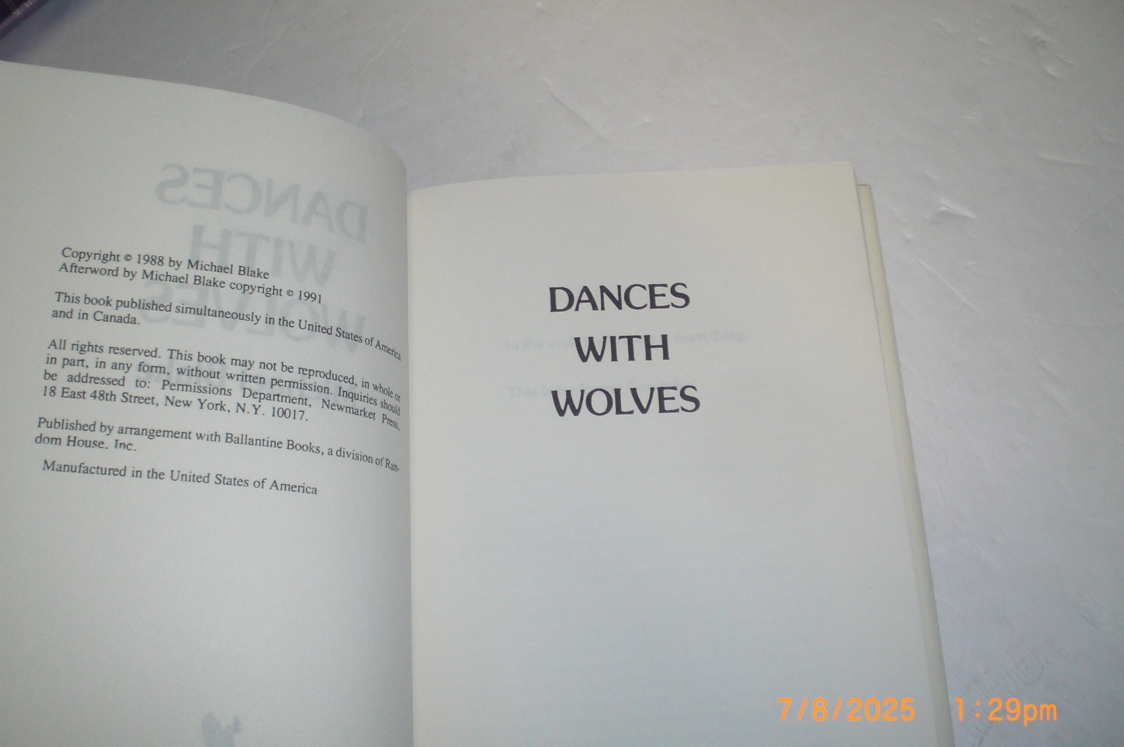 Dances With Wolves Michael Blake Hardcover 1991 New Market Press